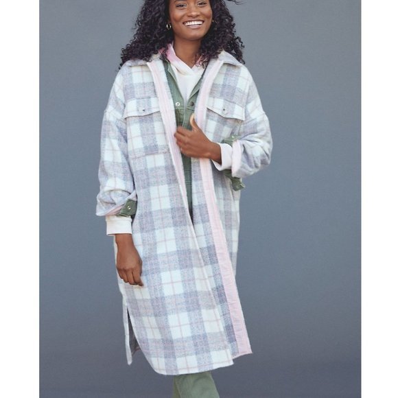 Anthropologie Jackets & Blazers - NWT If By Sea Bobbie Plaid Shirt Jacket Coat Pink Grey XL Anthropologie Womens